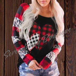 Super Soft Patchwork Oversized Drop Shoulder Buffalo Plaid Hearts Graphic Tee